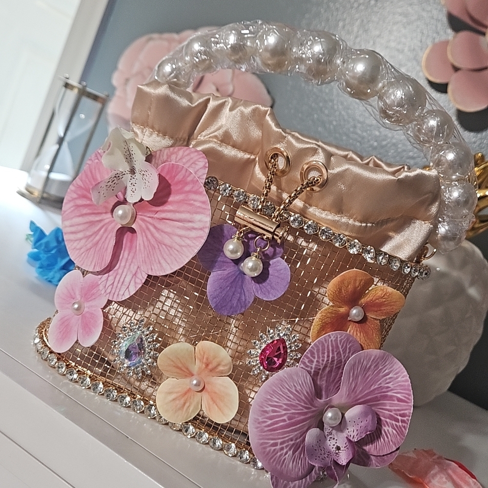 Floral Embellished Gold Handbag